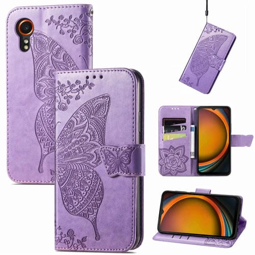 Funda para telĂ©fono Samsung Galaxy Xcover 7 de cuero con relieve Flor de Amor y Mariposa (PĂșrpura Claro)