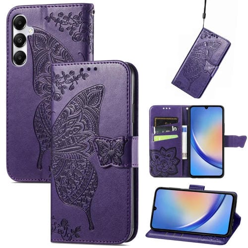 Funda para Teléfono Samsung Galaxy A35 5G Cuero Relieve Flor de Amor y Mariposa (Púrpura Oscuro)