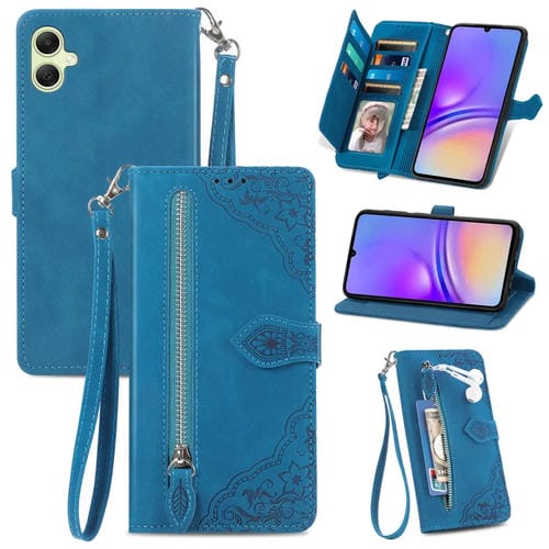 Funda de Cuero para Samsung Galaxy A05 con Cremallera y Flores en Relieve (Azul)