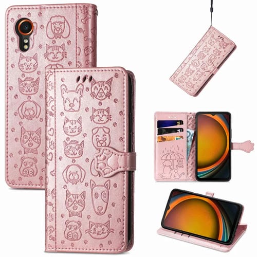 Funda para Teléfono Samsung Galaxy Xcover 7 Cuero Relieve Perro y Gato (Oro Rosa)