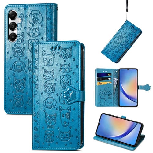 Funda para Teléfono Samsung Galaxy A35 5G Cuero Relieve Perro y Gato (Azul)