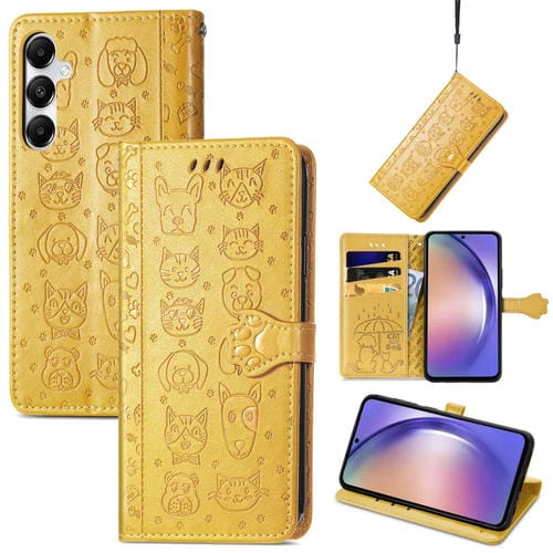Funda para Teléfono Samsung Galaxy A55 5G Cuero con Relieve de Perro y Gato (Amarillo)
