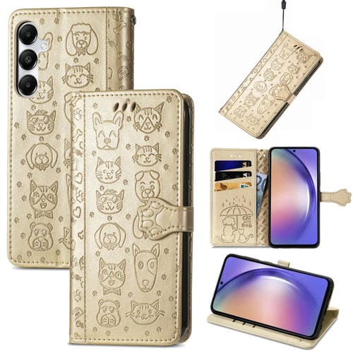 Funda para Teléfono Samsung Galaxy A55 5G Cuero con Relieve de Perro y Gato (Dorado)
