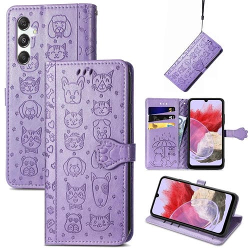 Funda para Teléfono Samsung Galaxy M34 5G Cuero Relieve Perro y Gato (Púrpura)
