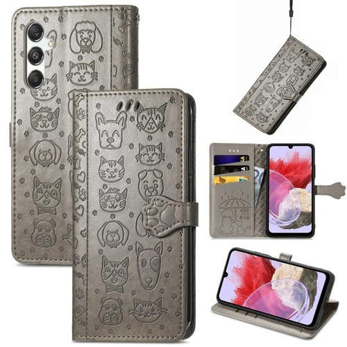 Funda para Teléfono Samsung Galaxy M34 5G Cuero Relieve Perro y Gato (Gris)