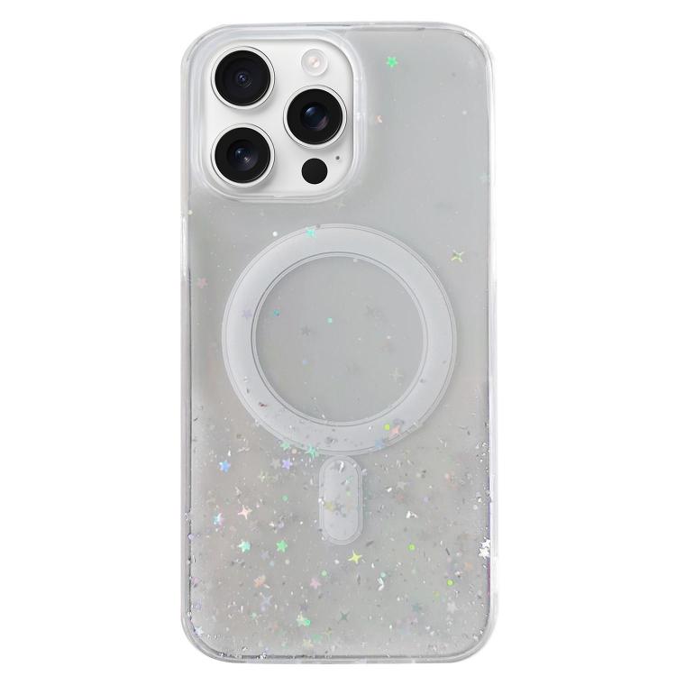Funda híbrida de TPU transparente con purpurina MagSafe para iPhone 16 Pro (blanca)