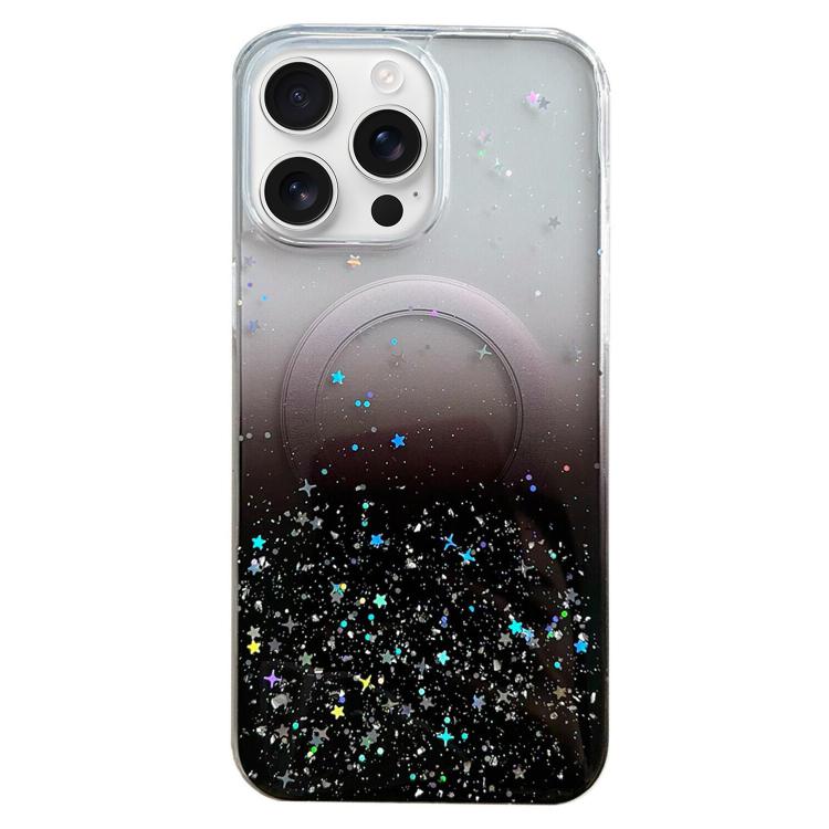 Funda híbrida de TPU transparente con purpurina MagSafe para iPhone 16 Pro Max (negra)