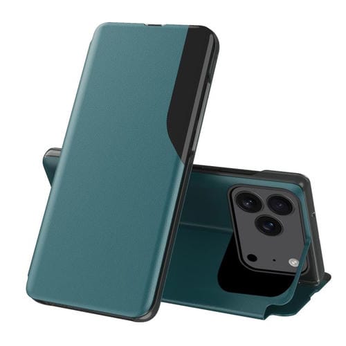 Funda de cuero con tapa y pantalla lateral para iPhone 17 Pro (verde)