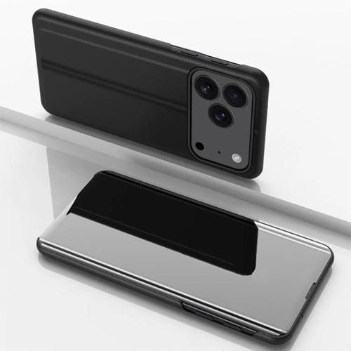 Funda de cuero con tapa horizontal y espejo chapado para iPhone 17 Pro Max con soporte (negro)