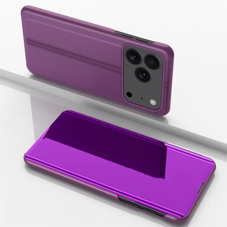 Funda de cuero con tapa horizontal y espejo plateado para iPhone 17 Pro con soporte (morado)