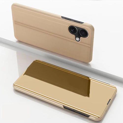 Funda de cuero con tapa horizontal y espejo chapado para iPhone 17 con soporte (dorada)