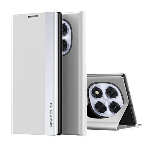 Funda de Cuero con Adsorción Lateral Galvanizada para Xiaomi Redmi Note 14 Pro 5G (Plateada)