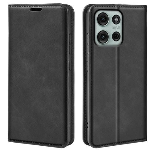Funda de Cuero con Ventosa Magnética para Motorola Moto G75 5G Retro-Skin (Negro)