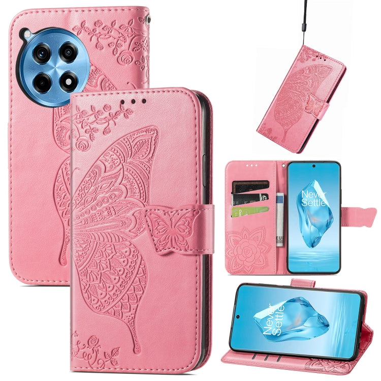 Funda de Cuero para OnePlus Ace 3 Pro con Relieve de Mariposa y Flor (Rosa)