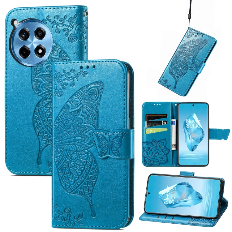Funda de Cuero con Relieve Mariposa y Flor para OnePlus Ace 3 Pro (Azul)