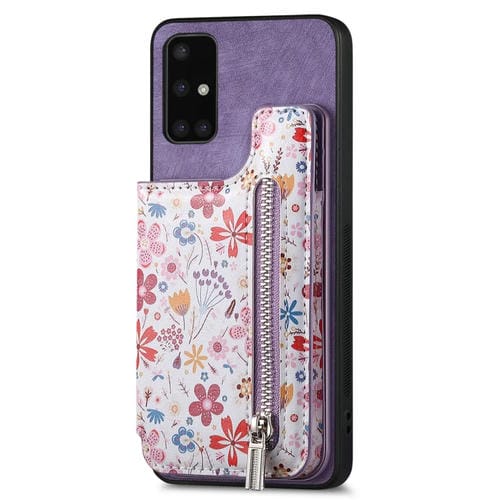 Estuche para telĂ©fono Samsung Galaxy A51 5G con billetera y cremallera pintada retro (PĂșrpura)