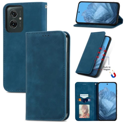 Funda de Cuero con Tapa Magnética y Tacto Retro para Motorola Moto G55 (Azul)