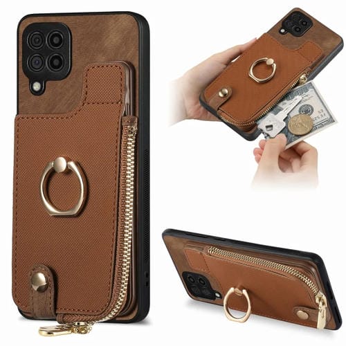 Funda para Teléfono Samsung Galaxy A12 5G con Anillo de Cuero Cruzado, Cremallera Vertical y Billetera Trasera (Marrón)