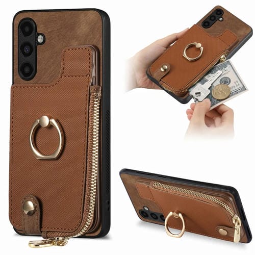 Funda para Teléfono Samsung Galaxy A14 4G 5G con Anillo Cuero Cruzado Cremallera y Billetera (Marrón)