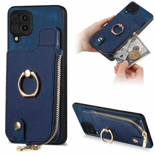 Funda para TelĂ©fono Samsung Galaxy M32 4G con Anillo de Cuero Cruzado, Cremallera Vertical y Billetera Trasera (PĂșrpura)