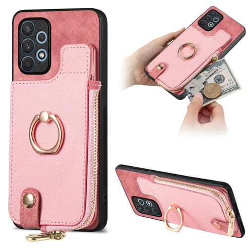Funda para Teléfono Samsung Galaxy A73 5G con Anillo de Cuero Cruzado Cremallera Vertical y Billetera Trasera (Rosa)