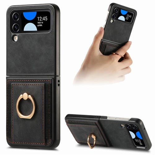 Funda para Teléfono Samsung Galaxy Z Flip 4 con Bolsa para Tarjeta y Anillo Sensación de Piel (Negro)