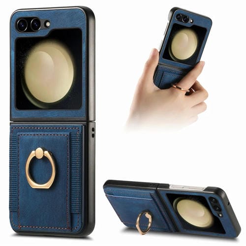 Funda para Teléfono Samsung Galaxy Z Flip 5 con Bolsa para Tarjeta y Anillo Sensación de Piel Retro (Azul)