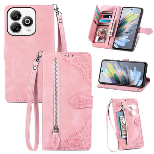 Funda de Cuero con Cremallera para ZTE Blade A75 4G Diseño de Flores en Relieve (Rosa)