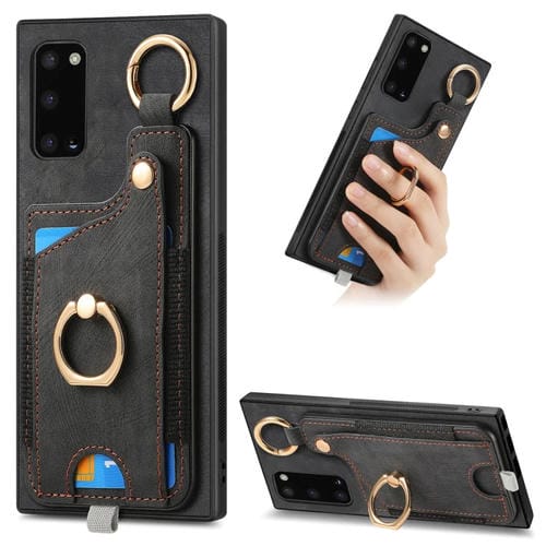 Funda para Teléfono Samsung Galaxy A21S con Bolsa para Tarjeta y Anillo con Sensación de Piel Retro con Lazo para Colgar (Negro)