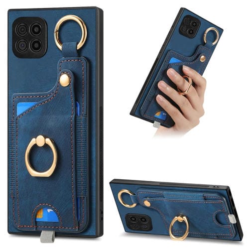 Funda para Teléfono Samsung Galaxy A22 5G con Bolsa para Tarjeta y Anillo Sensación de Piel Retro con Lazo para Colgar (Azul)