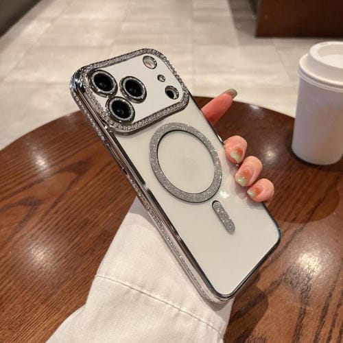 Funda de TPU MagSafe con baño de diamantes para iPhone 17 Pro Max (plateada)