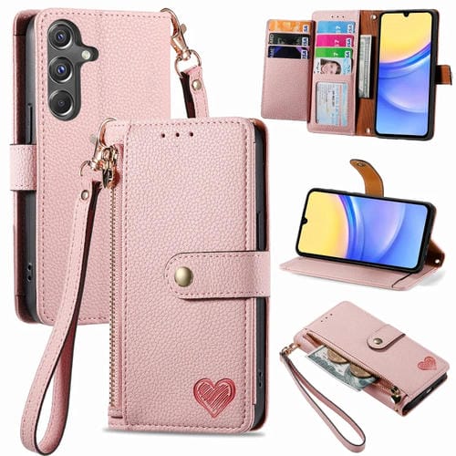 Funda para Samsung Galaxy A15 Love Zipper Lanyard Cuero (Rosa)