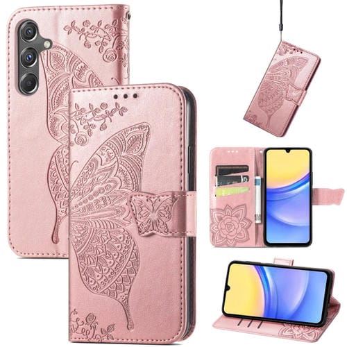 Funda para Teléfono Samsung Galaxy A15 Cuero Relieve Flor Amor y Mariposa (Oro Rosa)