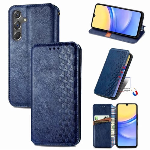 Funda para Teléfono Samsung Galaxy A15 Cuero Magnético Prensado Rejilla Cúbica (Azul)