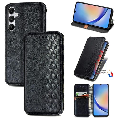Funda para Teléfono Samsung Galaxy A35 5G Cuero Magnético Prensado Rejilla Cúbica (Negro)