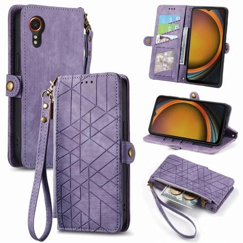 Estuche para telĂ©fono Samsung Galaxy Xcover 7 de cuero con hebilla lateral y billetera con cremallera geomĂ©trica (PĂșrpura)