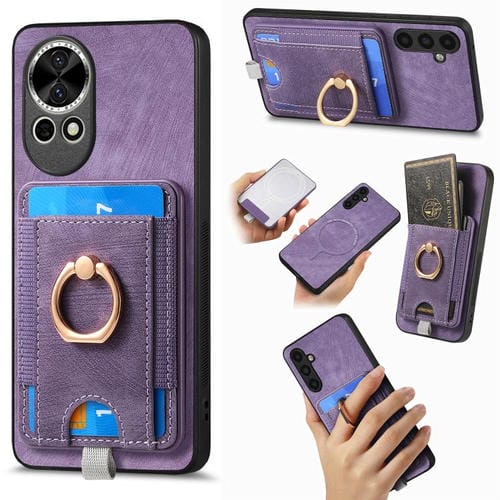 Funda de Cuero para Huawei Nova 13 con Tarjetero Magnético Divisible Retro (Morado)