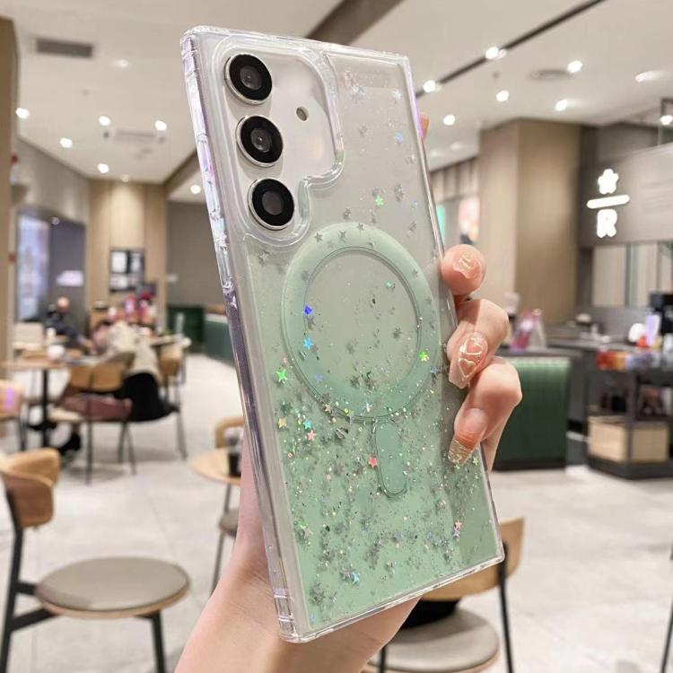 Funda hĂbrida de TPU transparente con purpurina MagSafe para Samsung Galaxy S25 5G (verde)