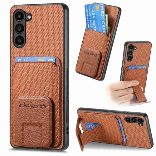Funda para Teléfono Samsung Galaxy S20 FE con Soporte Plegable y Bolsa para Tarjetas de Fibra de Carbono (Marrón)