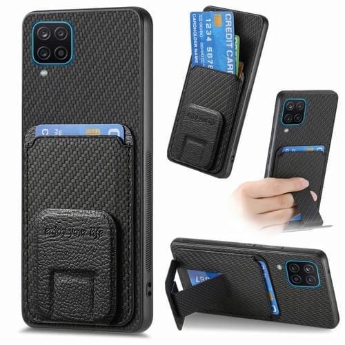 Funda para Teléfono Samsung Galaxy A12 5G con Soporte Plegable y Bolsa para Tarjetas de Fibra de Carbono (Negro)