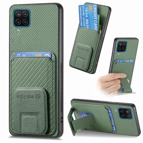 Funda para Teléfono Samsung Galaxy A12 5G con Soporte Plegable y Bolsa para Tarjetas Fibra de Carbono (Verde)