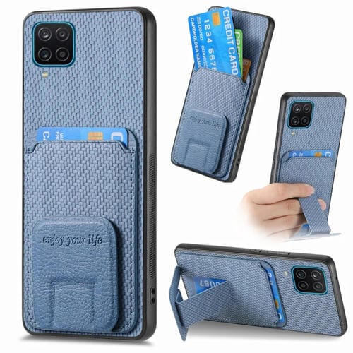 Funda para Teléfono Samsung Galaxy A22 4G con Soporte Plegable y Bolsa para Tarjetas de Fibra de Carbono (Azul)