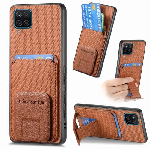Funda para Teléfono Samsung Galaxy A22 4G con Soporte Plegable y Bolsa para Tarjetas de Fibra de Carbono (Marrón)