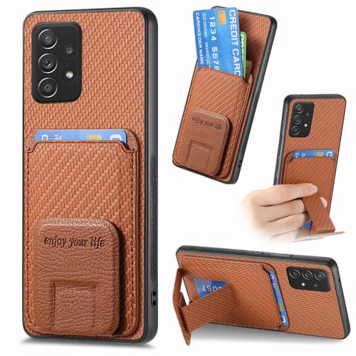 Funda para Teléfono Samsung Galaxy A52 con Soporte Plegable y Bolsa para Tarjetas de Fibra de Carbono (Marrón)
