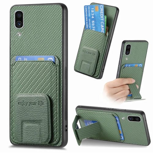 Funda para Teléfono Samsung Galaxy A30 A20 M10S con Soporte Plegable y Bolsa para Tarjetas Fibra de Carbono (Verde)