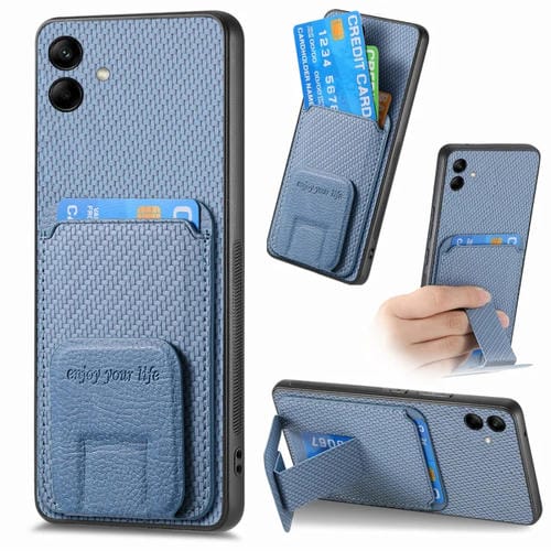 Funda para Teléfono Samsung Galaxy A04E con Soporte Plegable y Bolsa para Tarjetas de Fibra de Carbono (Azul)