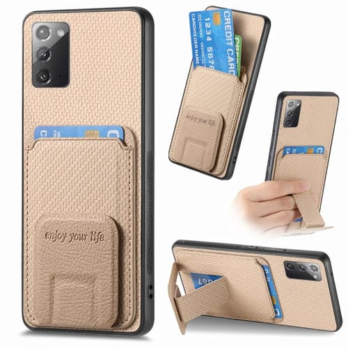 Funda para Teléfono Samsung Galaxy Note20 con Soporte Plegable y Bolsa para Tarjetas Fibra de Carbono (Caqui)