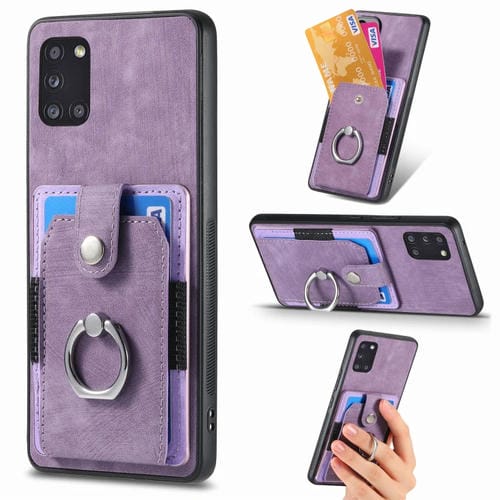 Funda para TelĂ©fono Samsung Galaxy A31 con Billetera, Tarjeta y Anillo con SensaciĂłn de Piel Retro (PĂșrpura)