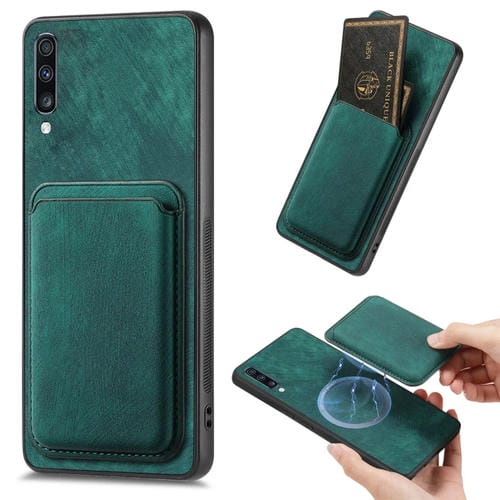 Funda de teléfono Samsung Galaxy A70 A70S magnética con bolsa de tarjeta cuero retro (Verde)