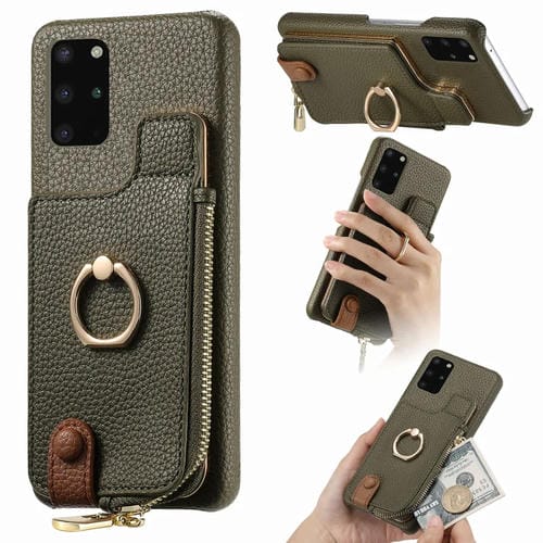 Funda Trasera para Samsung Galaxy S20 con Billetera, Cremallera y Anillo de Cuero Litchi (Verde)